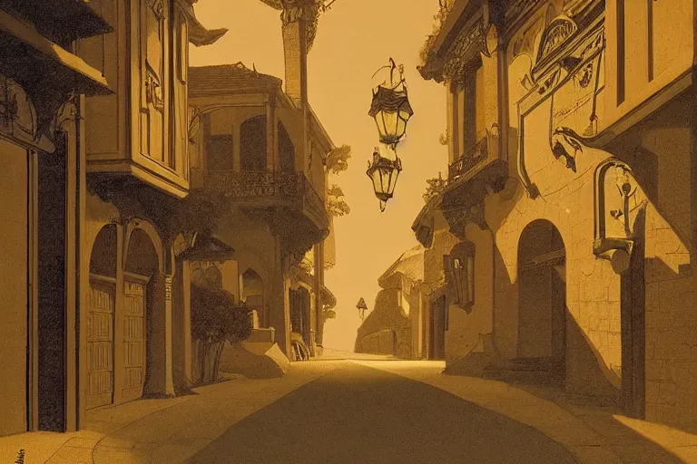 Prompt: winding street at midnight in a very old very beautiful city by George Price Boyce and Maxfield Parrish, glowing paper lanterns, strong dramatic cinematic lighting , ornate tiled architecture, lost civilizations, smooth, sharp focus, extremely detailed