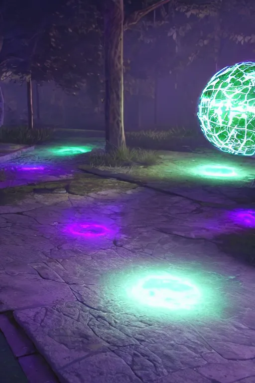 Prompt: a glowing magical orb flickering with purple and green lightning, unreal engine, path tracing