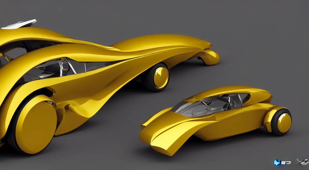 Image similar to 3d vray render of a futuristic art deco car from a 60s sci-fi movie dramatic yellow lighting syd mead channah yata