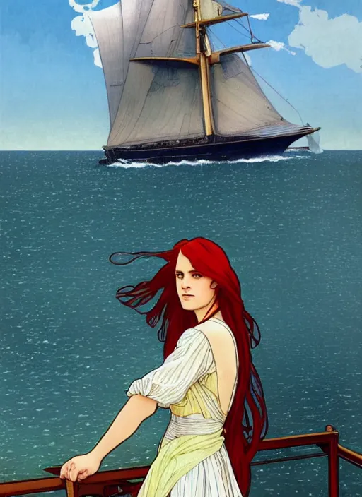 Image similar to a pretty young alicia vikander with long red hair blowing in the wind is leaning on the rail of a sailing ship, looking out to sea, path traced, highly detailed, high quality, digital painting, by studio ghibli and alphonse mucha, ron cobb, leesha hannigan, hidari, art nouveau, chiho aoshima, jules bastien - lepage