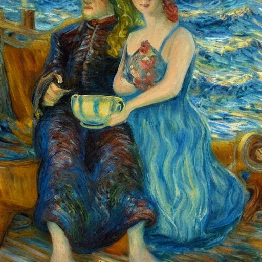 Prompt: an impressionist painting, The Queen of the Sea waves and her devoted servant octopus drink tea,