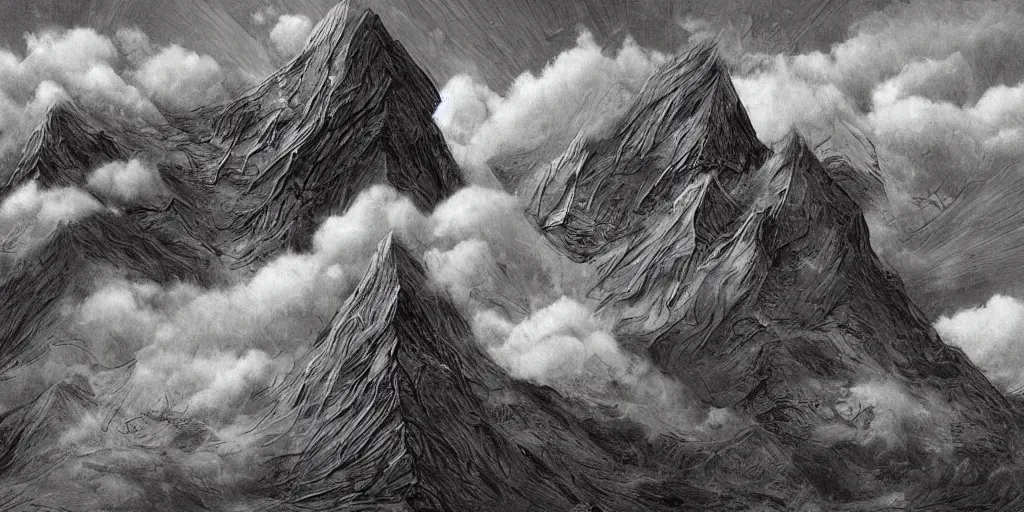 Image similar to A jagged mountain range earthquake, clouds, illustration, detailed, smooth, soft, cold, by Adolf Lachman, Shaun Tan, Surrealism