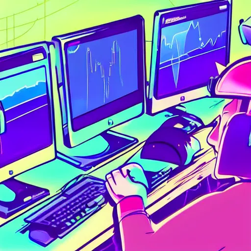 Prompt: a man sitting on his computer with a backwards hat staring at several computer monitors showing crypto trades, colourful, chill, anime asthetic, neon glow, gamer, playstation 2, digital illustration, in style of lofi hip hop