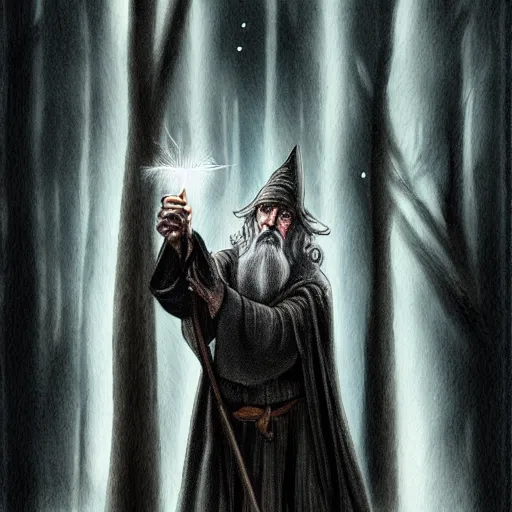 Prompt: Gandalf holding a flashlight in his hand inside a dark forest, digital art