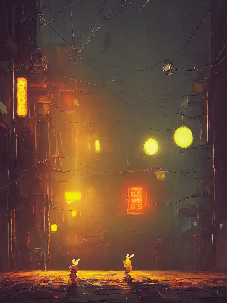 Prompt: a single little boy, two oranges and a white rabbit in a dark alley city with neonlights by night a painting from stalenhag, 4 k, 8 k, hdr, artstation, concept art