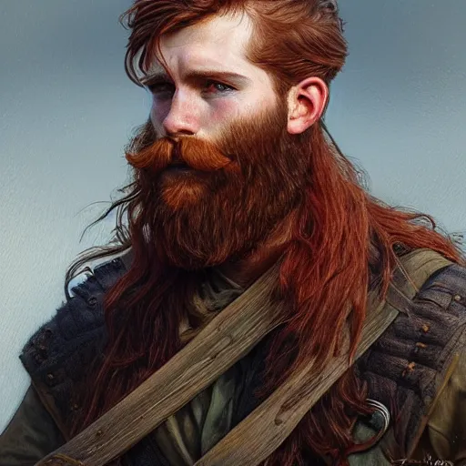 Image similar to portrait of a rugged ranger trainee, 19 years old, beard, male, masculine, upper body, red hair, long hair, soft hair, D&D, fantasy, intricate, elegant, highly detailed, digital painting, artstation, concept art, matte, sharp focus, illustration, art by Artgerm and Greg Rutkowski and Alphonse Mucha