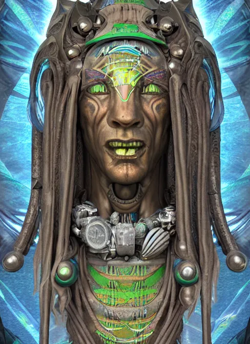 Image similar to portrait of a shaman robot, full colour, the akashic records of literary dreams as decoration, full colour, 3 d shaded, sam wolfe, zbrush central,