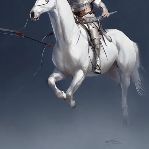 Image similar to a white horse The one who rode him carried arrows and a bow in his hand, and they gave him a crown, digital Art, Greg rutkowski Trending artstation