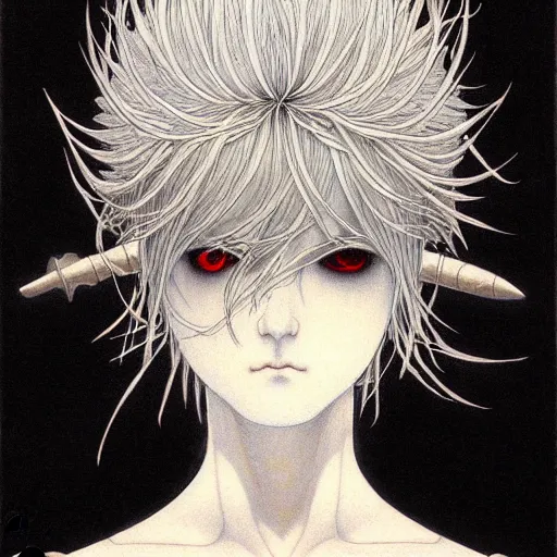 Image similar to prompt: Fragile looking vessel portrait soft light drawn by Takato Yamamoto, inspired by Fables, weapons around the face, ancient dark chrome knight armor, magical and alchemical objects on the side, soft light, white background, intricate detail, intricate oil painting detail, sharp high detail, manga and anime 2000