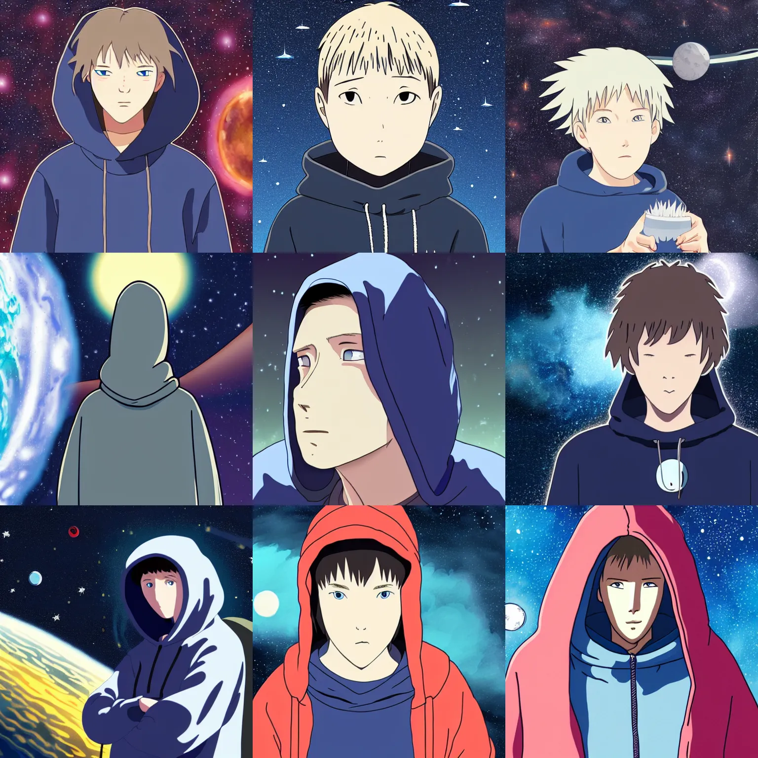 Prompt: Spirited away dark blonde guy with blue eyes wearing a hoodie in space, astonishing background, detailed face, centered