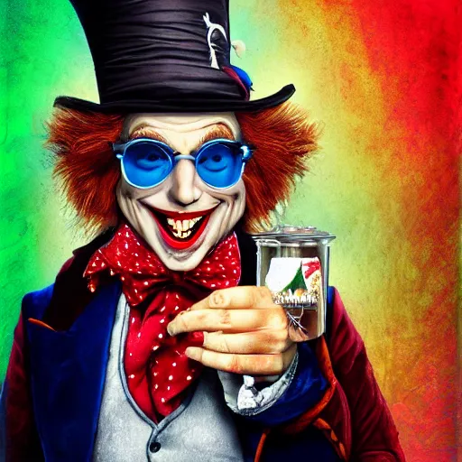 Prompt: the mad hatter, Wearing shades, drinking tea, award-winning on Artstation