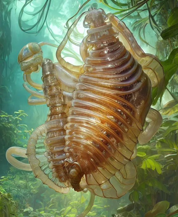 Prompt: intricate opulent transparent clear see - through portrait of a terrifying beautiful male human isopod sea slug, mottled coloring, adorable, childlike, overgrown retrofuturistic jungle environment, ultra realistic, concept art, art nouveau, photorealistic, octane render, 8 k, unreal engine. art by christopher marley and artgerm and greg rutkowski and alphonse mucha