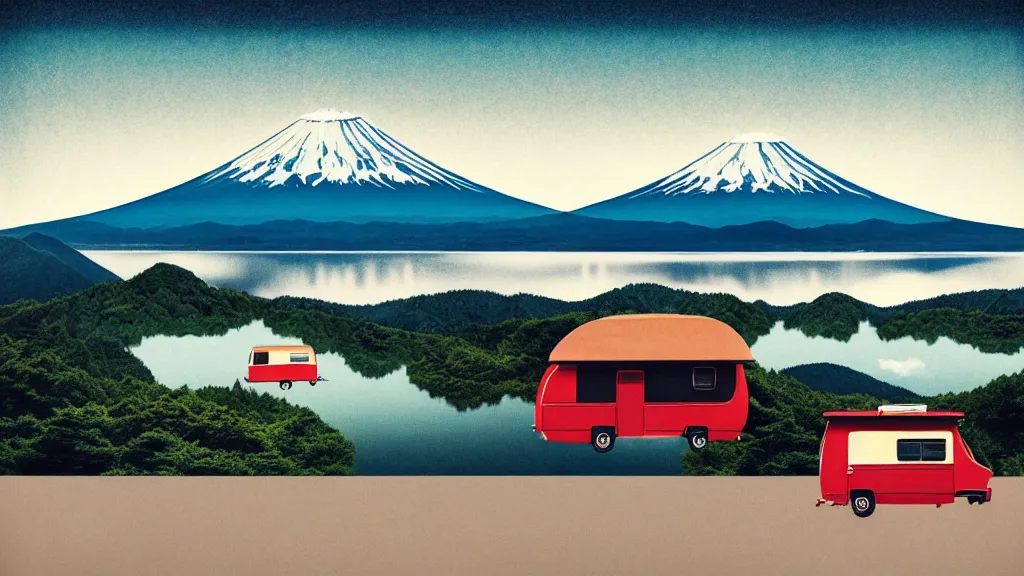 Image similar to a scene of two travellers and their camper touring overlook at the edge of yamanaka lake, reflecting mount fuji and a dramatic sky, japan, a collage painting, in the style of wes anderson, lola dupre, david hockney, isolated on negative white space background dark monochrome neon spraypaint accents volumetric octane render