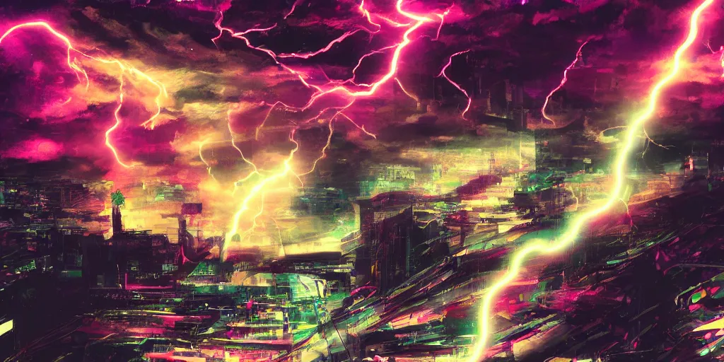 Image similar to Lightning storm rap battle, digital art, vapor wave, hip hop, blade runner, trending on Artstation, professional artist, detailed, 4k