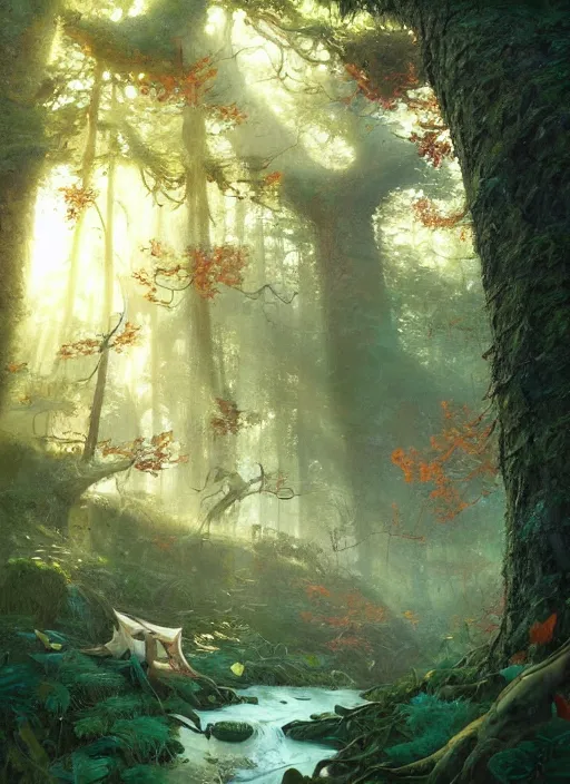 Prompt: a fungal forest with massive fungi, extremely detailed oil painting, unreal 5 render, rhads, sargent and leyendecker, savrasov levitan polenov, bruce pennington, studio ghibli, tim hildebrandt, digital art, landscape painting, octane render, beautiful composition, trending on artstation, award winning photograph, masterpiece