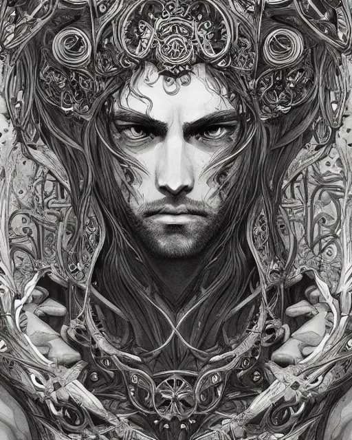 Image similar to portrait of a man, baroque style, elegant, beautiful, mesmerizing, concept art, intricate linework, detailed and intricate environment, artstation, inspired by monstress, sana takeda