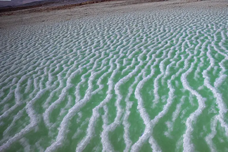 Prompt: salt deposits of the dead sea, striped beach, salt cristals and sand, artistic vacation photo, trending on artstation.