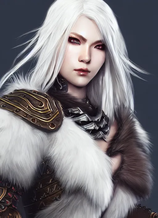 Image similar to barbarian, fur leather armor!!! beautiful and elegant white hair female!! gorgeous ayes!! character concept art, sharp focus, octane render! unreal engine 5! highly rendered!! trending on artstation!! detailed linework!! illustration by artgerm, wlop, and chie yoshii