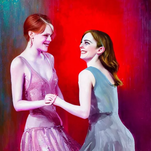 Image similar to emma stone dancing with emma watson, soft red lights full body portrait, 8 k oil painting,