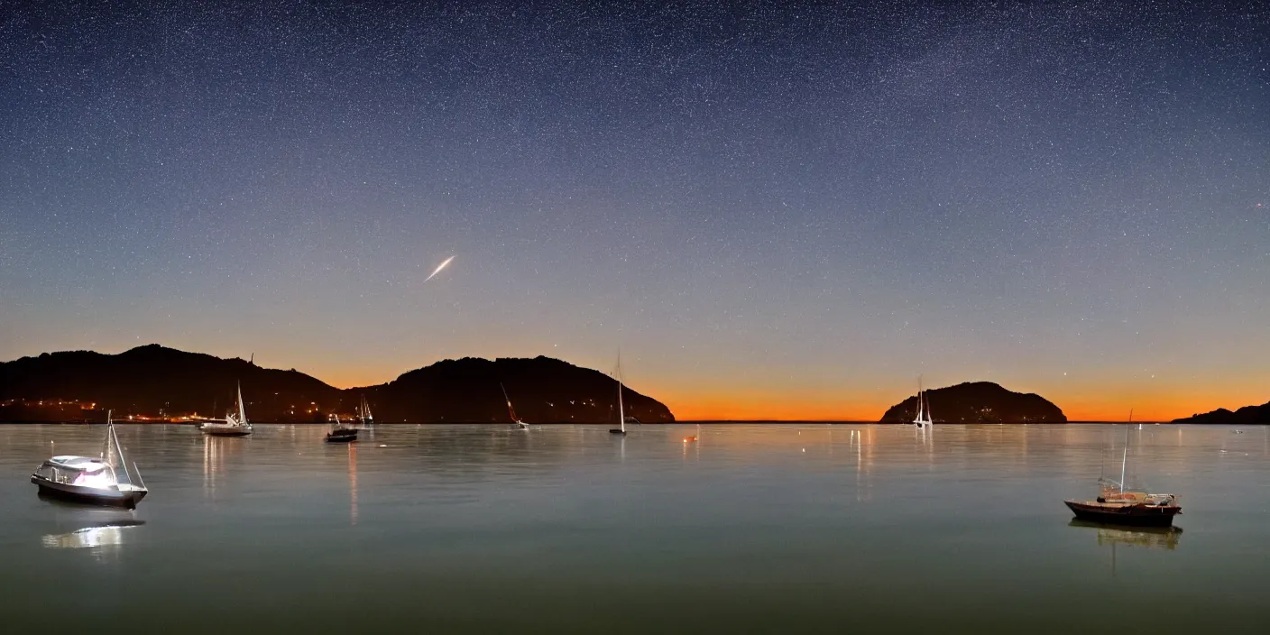 Prompt: lone yatch on a peaceful sea at night full of stars night clear waters light clouds skies milky way