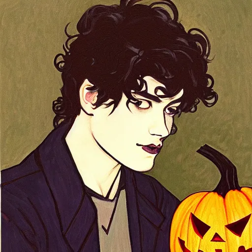 Image similar to painting of young cute handsome beautiful dark medium wavy hair man in his 2 0 s named shadow taehyung at the halloween pumpkin jack o'lantern party, depressed, melancholy, autumn, japan, elegant, clear, painting, stylized, delicate, soft facial features, delicate facial features, soft art, art by alphonse mucha, vincent van gogh, egon schiele