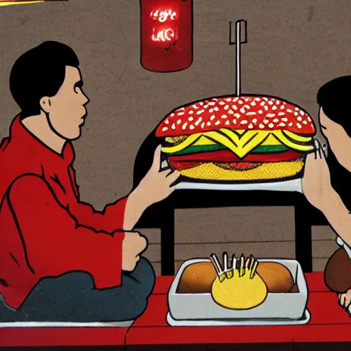 Image similar to people pray behind a hamburger god