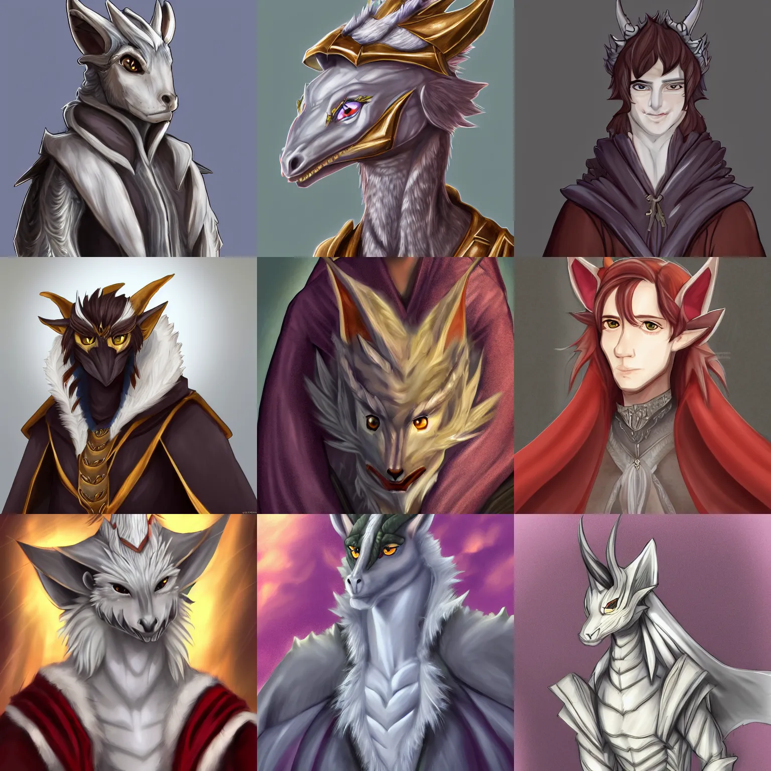 Prompt: half body portrait of a handsome noble young anthropomorphic silver dragon, male, wearing a luxurious royal cloak, cute ears, commission on furaffinity, artstation, warm colors