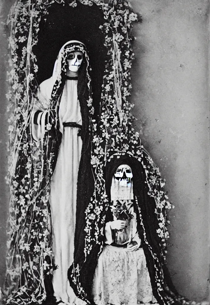 Image similar to photo taken in the 1 9 1 0's, full body view, one woman, virgin mary, dia de muertos dress and make up