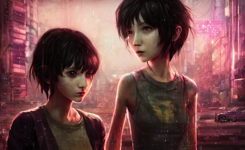 Image similar to an epic fantasy comic book style portrait painting of an extremely cute and adorable very beautiful cyberpunk lain ( serial experiments lain ) and ellie ( the last of us ) in the rain, neon reflections, character design by mark ryden and pixar and hayao miyazaki, unreal 5, daz, hyperrealistic, octane render, cosplay, rpg portrait, dynamic lighting, intricate detail, cinematic