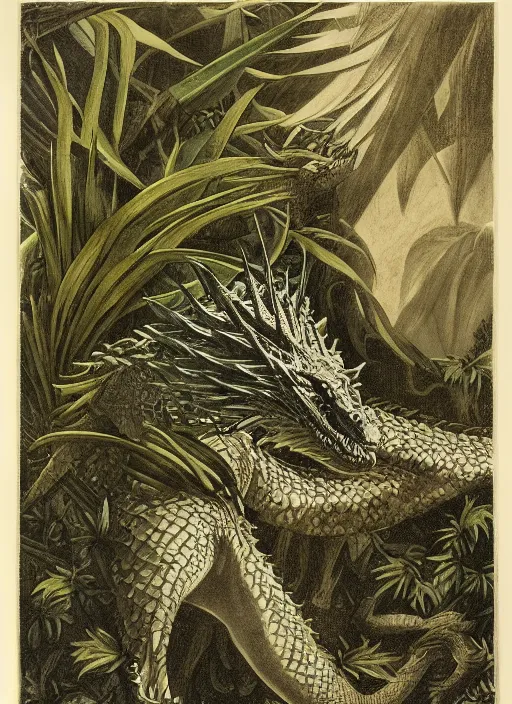 Image similar to game of thrones dragon in a tropical forest, john james audubon, intaglio, sharp focus