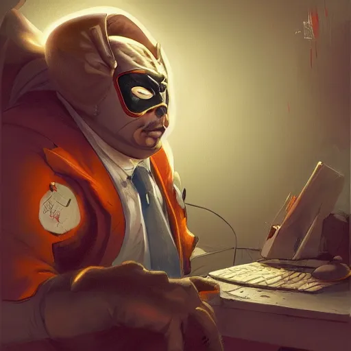 Image similar to a insanely detailed painting of a fat masked superhero wearing a costume sitting at a desk, staring at the nervously at the computer and clicking on the mouse, in the style of peter mohrbacher, dramatic lighting and composition, trending on artstation, concept art, comic book