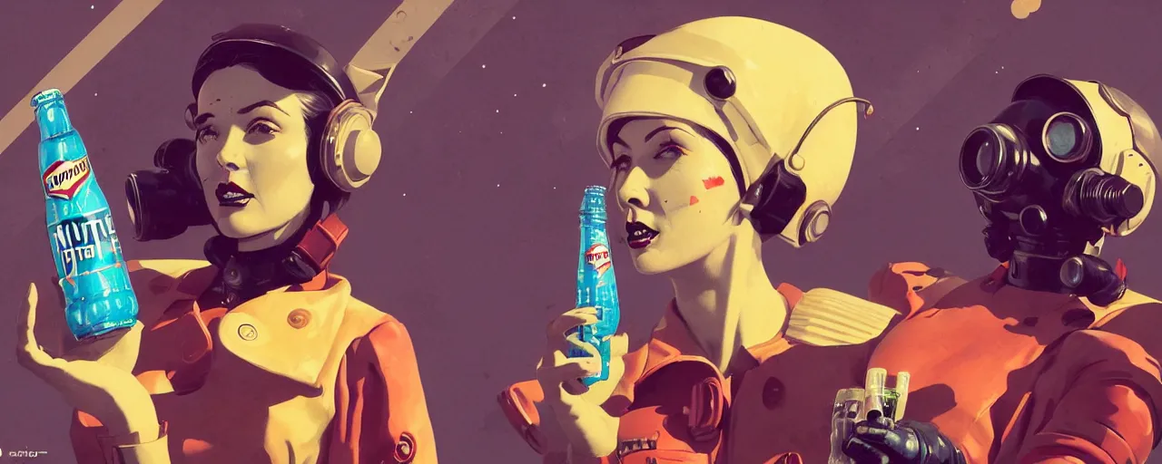 Image similar to duotone noir concept illustration 3 / 4 portrait of vintage female fallout 4 model in retro space suit advertising bottles nuka cola. accidental renaissance. by sachin teng and sergey kolesov and ruan jia and heng z. graffiti art, scifi, fantasy, hyper detailed. octane render. concept art. trending on artstation