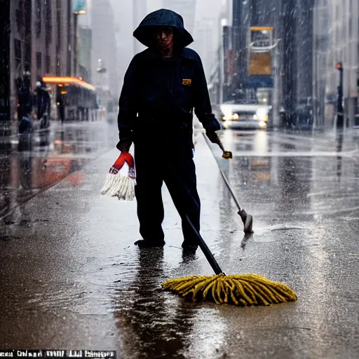 Prompt: closeup portrait of a cleaner with a mop fighting puddles in rainy new york street, by Steve McCurry and David Lazar, natural light, detailed face, CANON Eos C300, ƒ1.8, 35mm, 8K, medium-format print