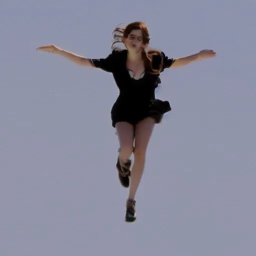 Image similar to Emma Watson flying in the clouds