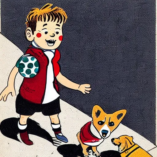 Image similar to book illustration of a french boy on the streets of paris playing football against a corgi, the dog is wearing a polka dot scarf, 1 9 6 6