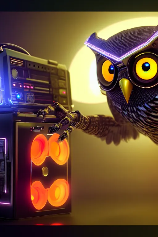 Image similar to high quality 3 d render very cute cyborg owl! with boombox!, cyberpunk highly detailed, unreal engine cinematic smooth, in the style of blade runner & detective pikachu, hannah yata charlie immer, moody light, low angle, uhd 8 k, sharp focus