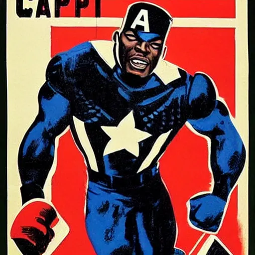 Image similar to black captain america. supersoldier serum wwii american propaganda poster by james gurney