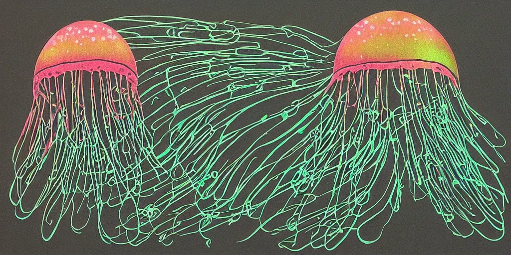 Prompt: cell shading jellyfish on black paper, vivid colours, by Moebius, hiroshi yoshida, Druillet