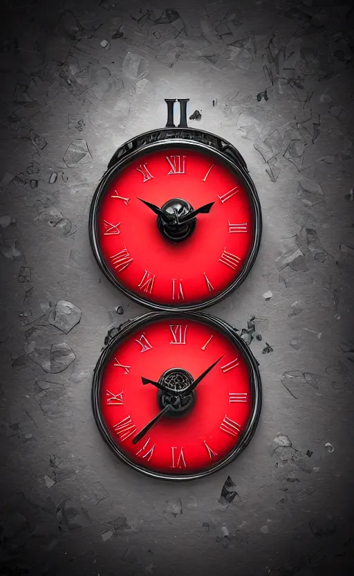 Image similar to a melting Roman numeral clock, behind a red and black gradient background, awith a black heart shaped on the top left corner and a black diamond card shape in the bottom right corner, dynamic lighting, photorealistic fantasy concept art, trending on art station, stunning visuals, cinematic, creative, ultra detailed