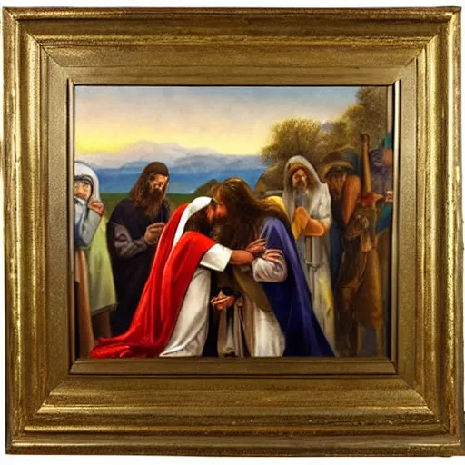 Image similar to 1 8 th oil panting of a jesus kissing a woman