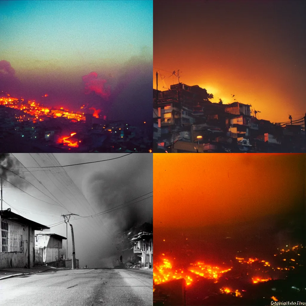 Prompt: brazilian favela city, fires and smog burning before a setting sun, 8 0 s film, dark future atmosphere, 3 5 mm. neon lights