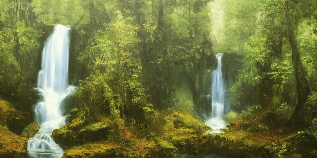 Image similar to A symmetrical oil painting of two waterfalls surrounded by a very dense forest