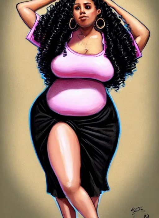 Prompt: full body portrait, teenage vanessa morgan, pink hair, obese, black girl, curly pixie hair, sultry, realistic, short hair, hoop earrings, skirt, shirt, fat, belly, intricate, elegant, highly detailed, digital painting, artstation, concept art, smooth, sharp focus, illustration, art by wlop, mars ravelo and greg rutkowski