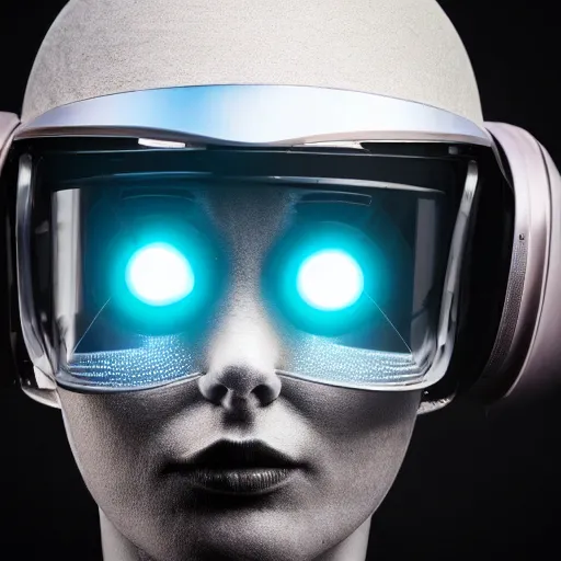 Prompt: Photo of robot with 20yo girl inside, LEDs visor helmet, proﬁle pose, bust shot, high detail, studio, black background, smoke, sharp, cyberpunk, 85mm Sigma Art lens,
