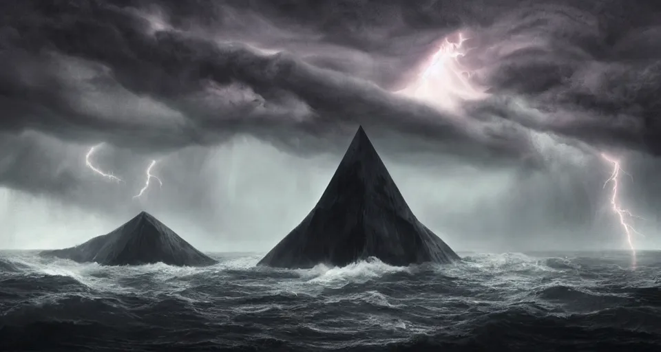 Prompt: photo of black lovecraftian eldritch!! obsidian pyramid!! on a snowy island surrounded by raging stormy seas, with a large shadow of a creature in the background, night, red lightning!!, storm!, dramatic lighting, photo realistic, 8 k