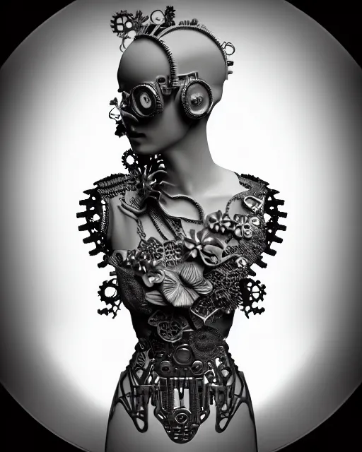 Prompt: monochrome 3 d model, 1 9 4 0 picture, silver floral steampunk biomechanical beautiful young female cyborg with porcelain profile face and a techno eye, volumetric light, leaves foliage and stems, hibiscus flowers, sinuous fine roots, fine foliage lace, alexander mcqueen, rim light, big gothic fashion pearl embroidered collar, octane render, 8 k