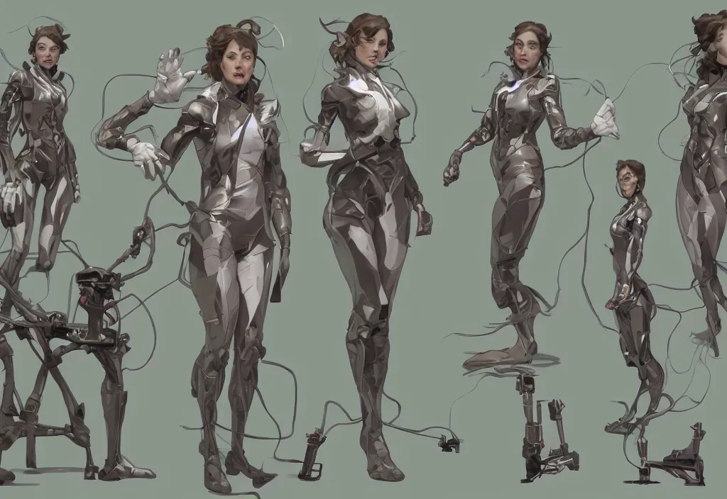 Prompt: a full body character design by artgerm, cushart krenz, greg rutkowski and alphonse mucha. mad scientist woman lab coat!! green plasma laser gun!! cyborg limbs!! sharp edges. ultra clear detailed. 8 k. ultra detailed, elegant, intricate, octane render.