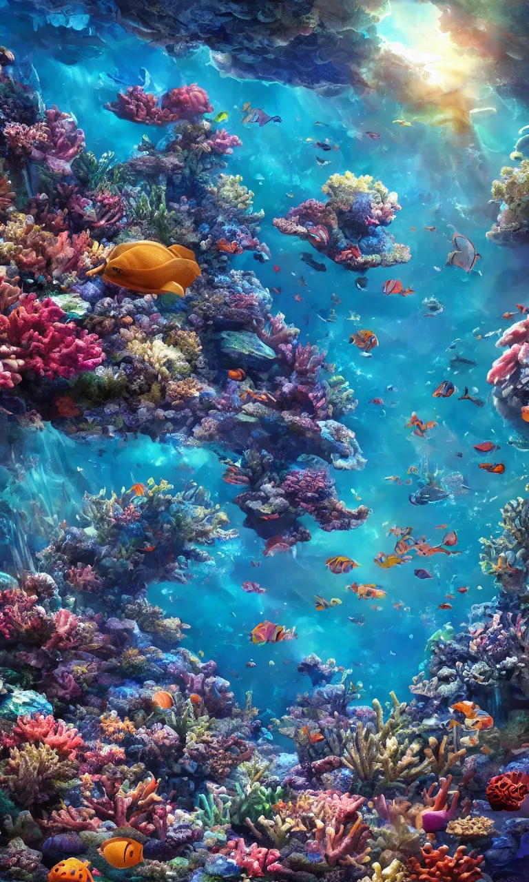 Image similar to a beautiful coral reef full of life and rays of light from the surface, trending on artstation, highly detailed, intricate detail, photorealistic, lifelike, realism, 8 k resolution, volumetric lighting, global illumination, specular highlights