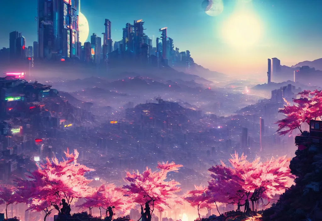 Image similar to sakura lit by the sun stands on a mountain from behind cyberpunk city, cyberpunk 2 0 7 7, city, cinematic view, concept art, high detail, 4 k, by jordan grimmer, art greg rutkowski