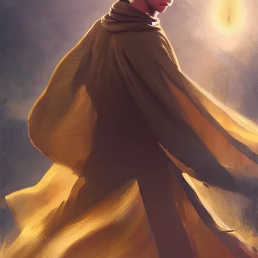 Image similar to blonde boy with golden eyes wearing a brown cape and flying in t pose, energy background, brush strokes, greg rutkowski, oil painting